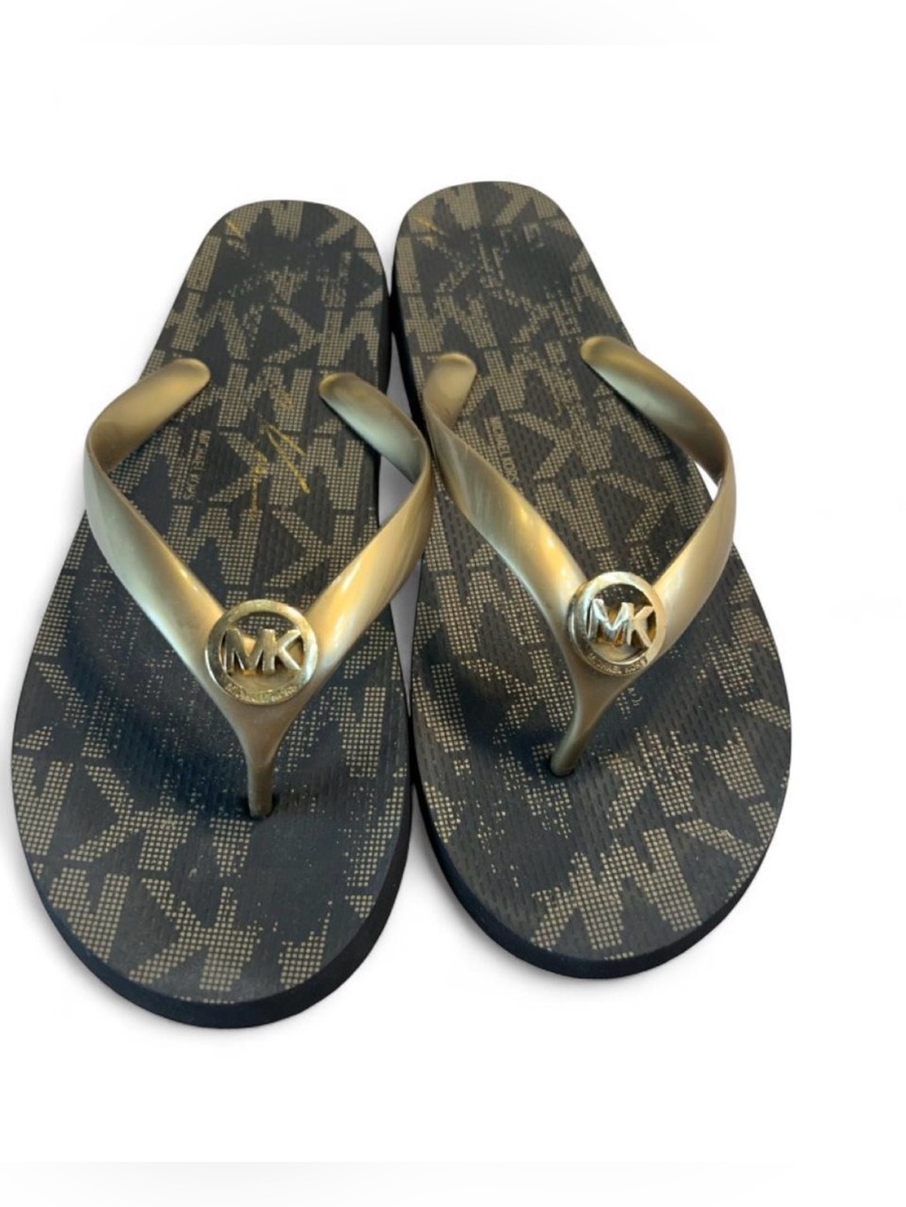 Michael Kors Gold-Strap Flip Flops with Black MK Logo Footbed